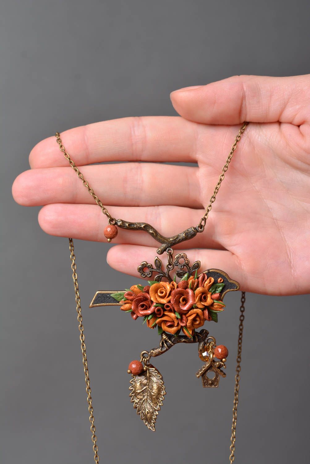 Beautiful brown handmade designer polymer clay flower pendant necklace photo 2