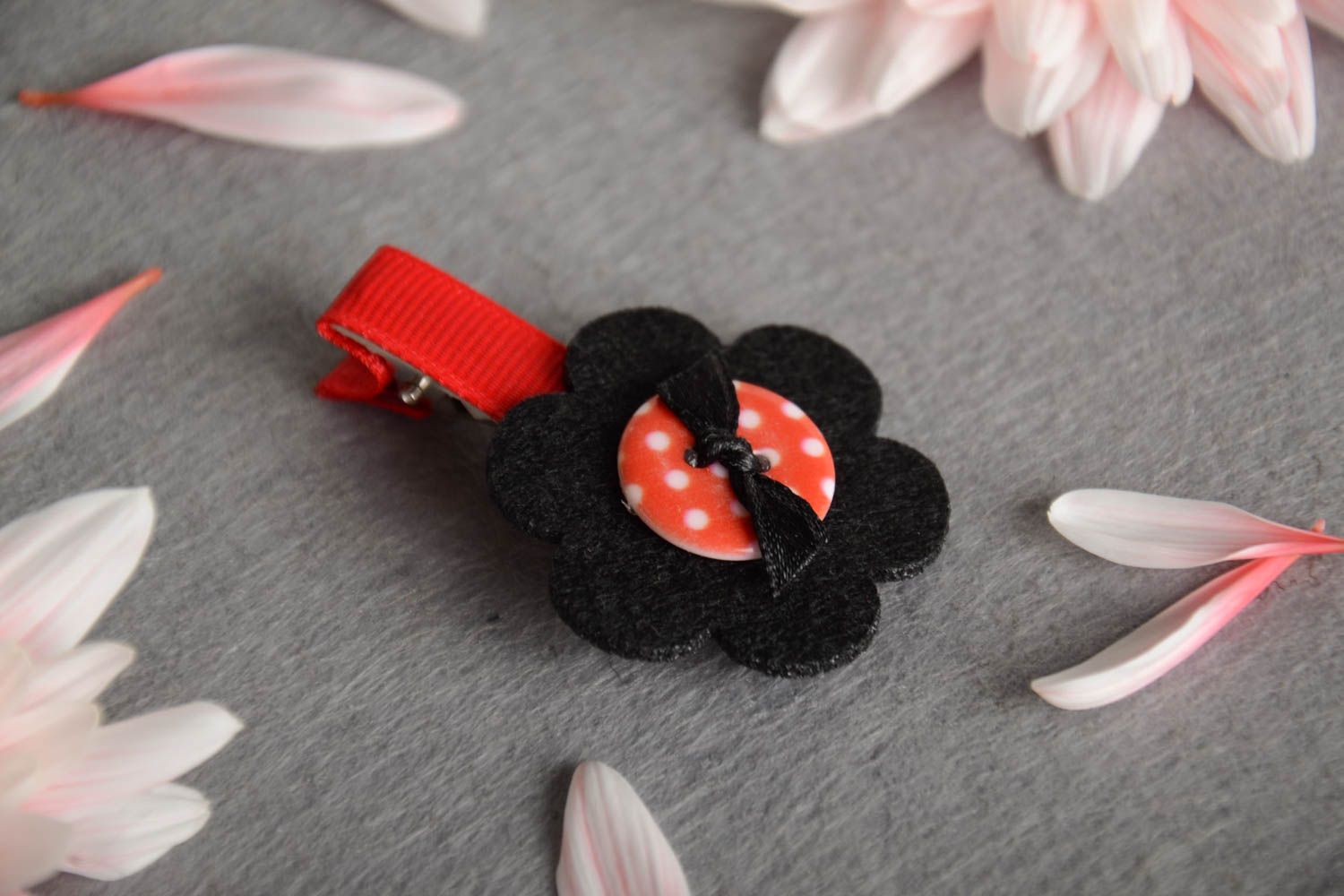 Red and black hair clip in the shape of flower handmade barrette for girls photo 1