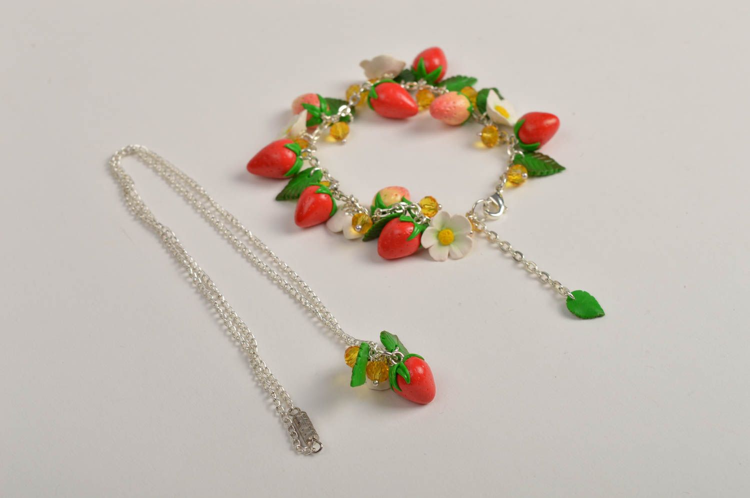 Handmade wrist bracelet necklace pendant polymer clay strawberry jewelry photo 2
