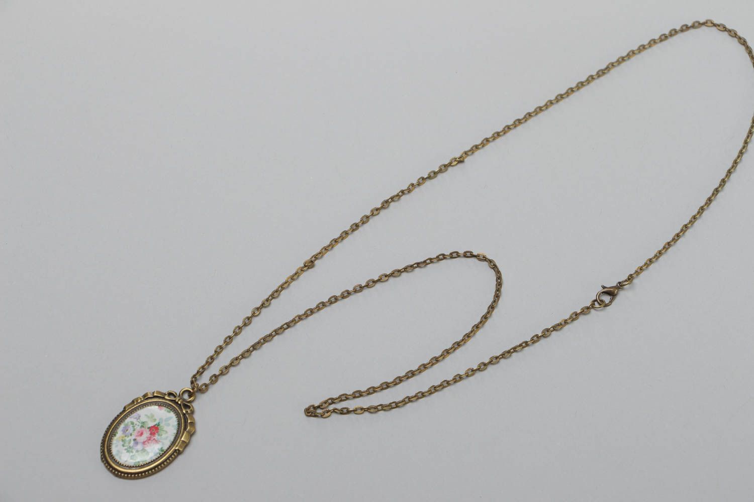 Handmade glassy glaze pendant on a long chain beautiful designer oval accessory photo 2