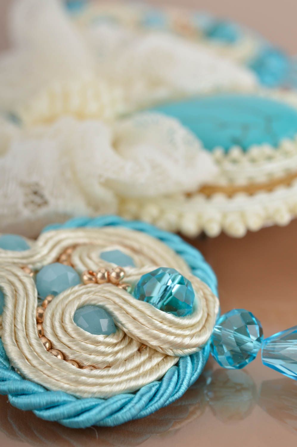 Beige and blue handmade designer jewelry set soutache earrings and brooch photo 4