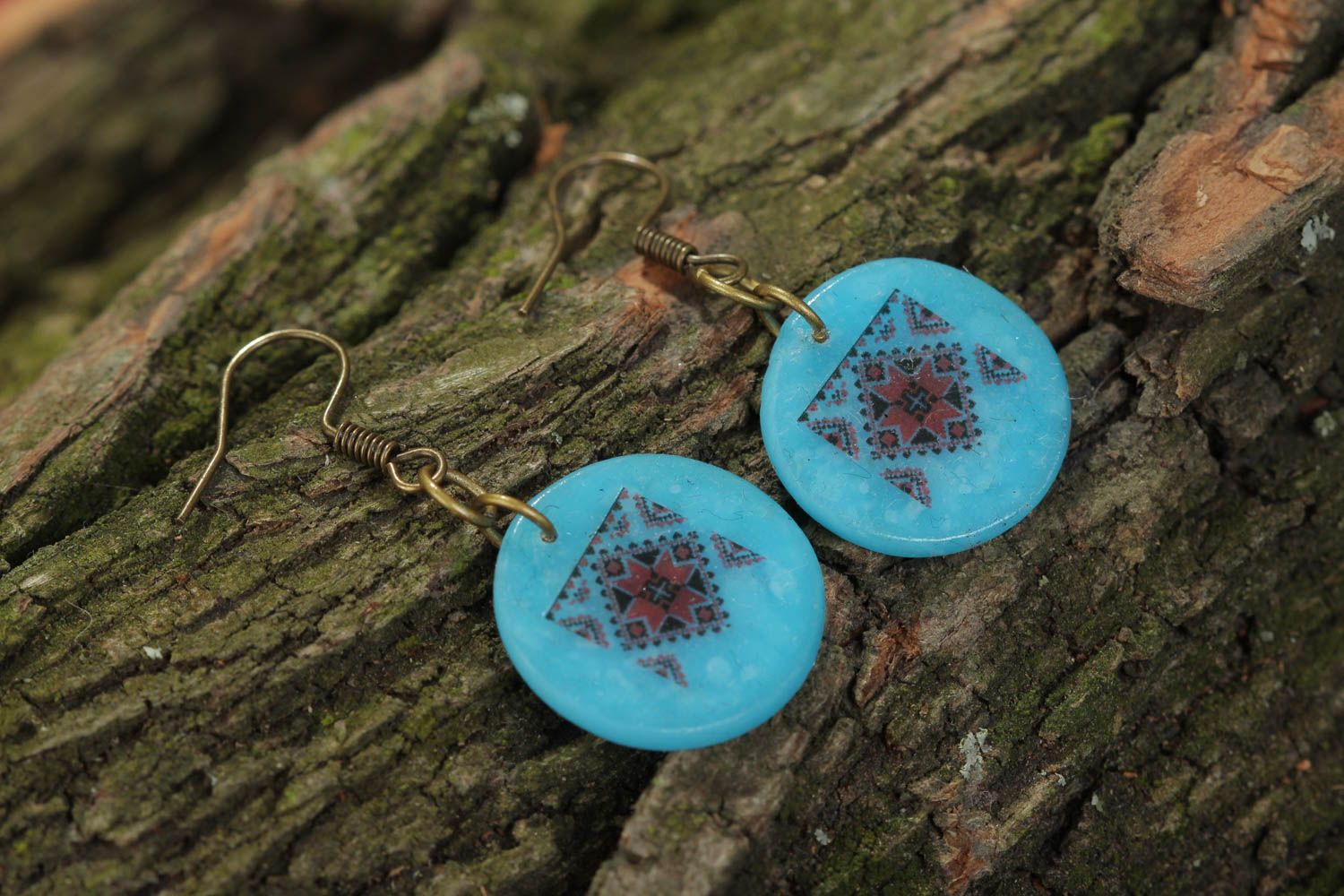 Handmade round designer earrings made of polymer clay with beautiful ethnic patterns photo 1