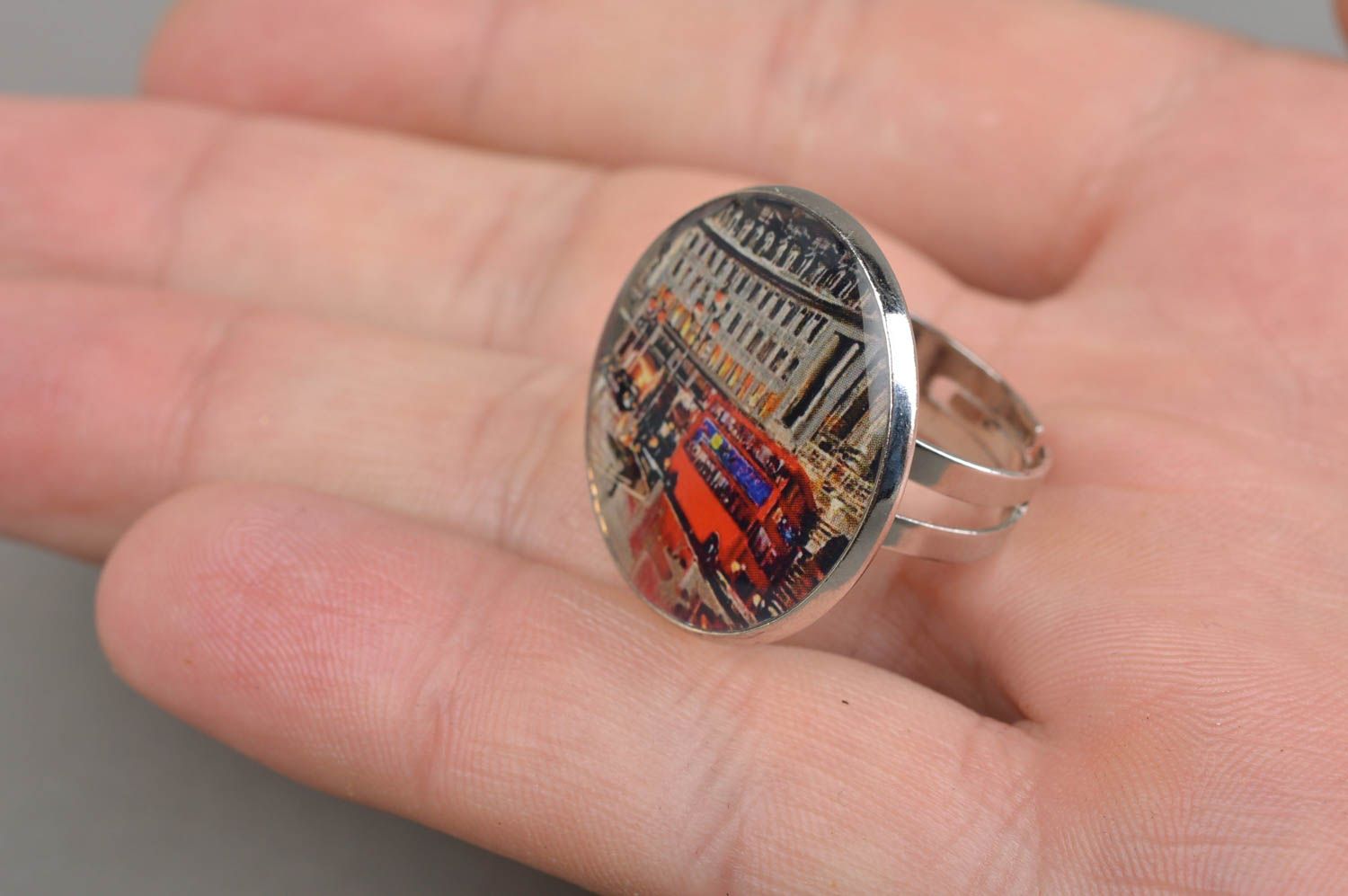 Handmade decorative ring with decoupage in epoxy resin volume stylish accessory photo 4