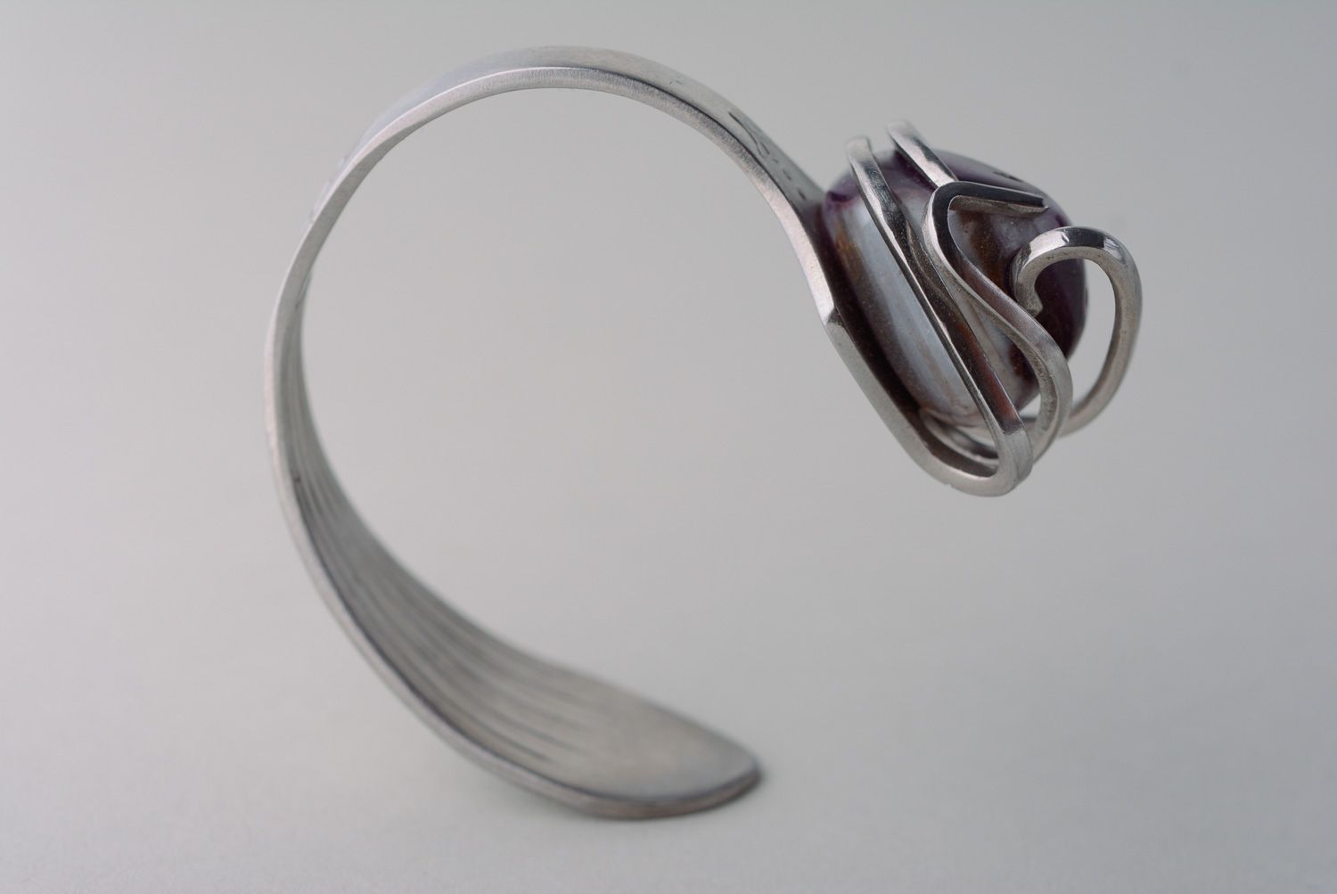 Handmade metal fork wrist bracelet with stone photo 5