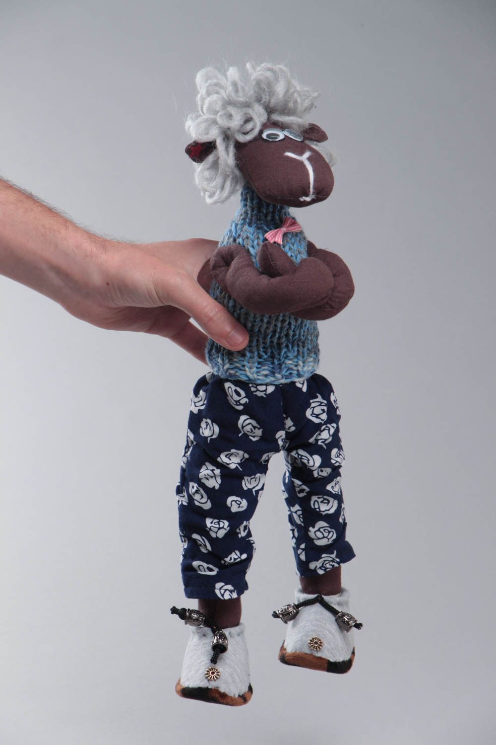 Handmade designer cotton and jersey soft toy lamb in knit vest with bow tie  photo 5