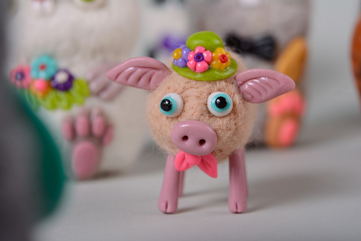 Wool felted handmade miniature toy Pig photo 4
