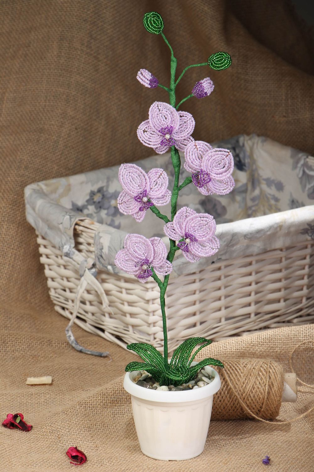 Fleur en perles de rocaille couleur lilas en pot déco faites main photo 5