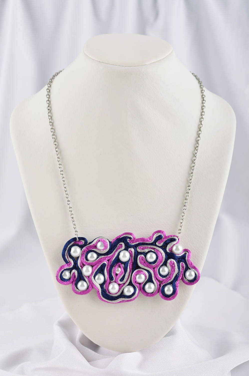 Soutache necklace handmade embroidered ribbon necklace with beads gift for girl photo 1