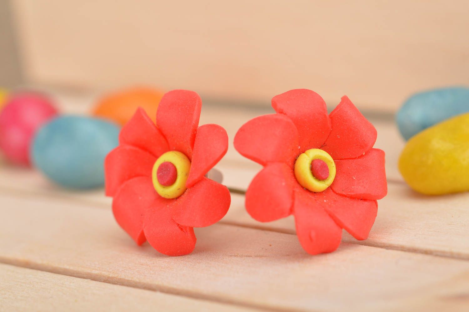 Cute handmade nice red earrings made of polymer clay in shape of flowers photo 1