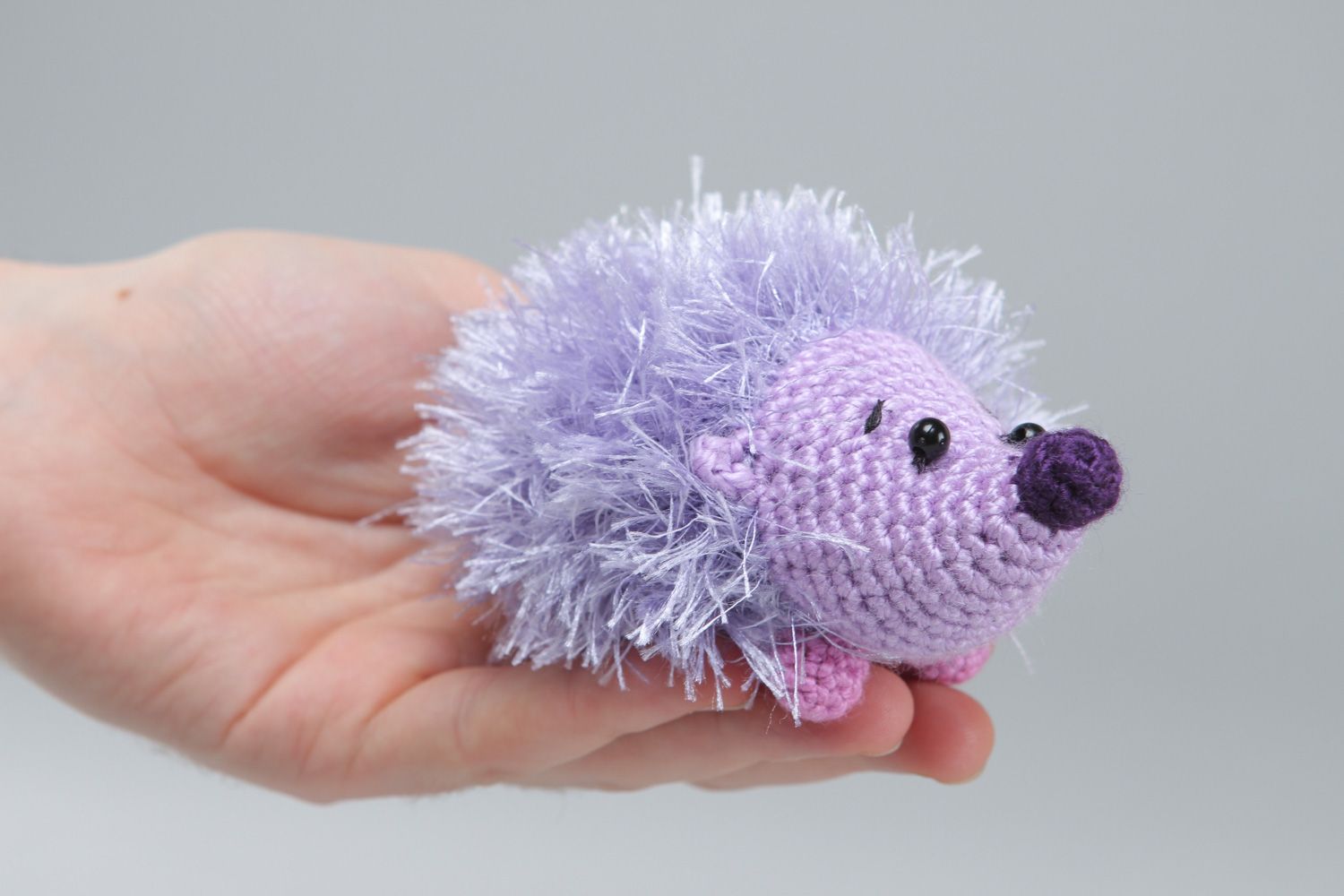 Handmade designer soft toy crocheted of acrylic threads violet hedgehog for kids photo 4