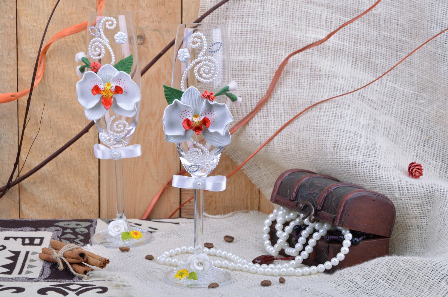 Set of handmade wedding wine glasses of white color with polymer clay orchids 2 items photo 1