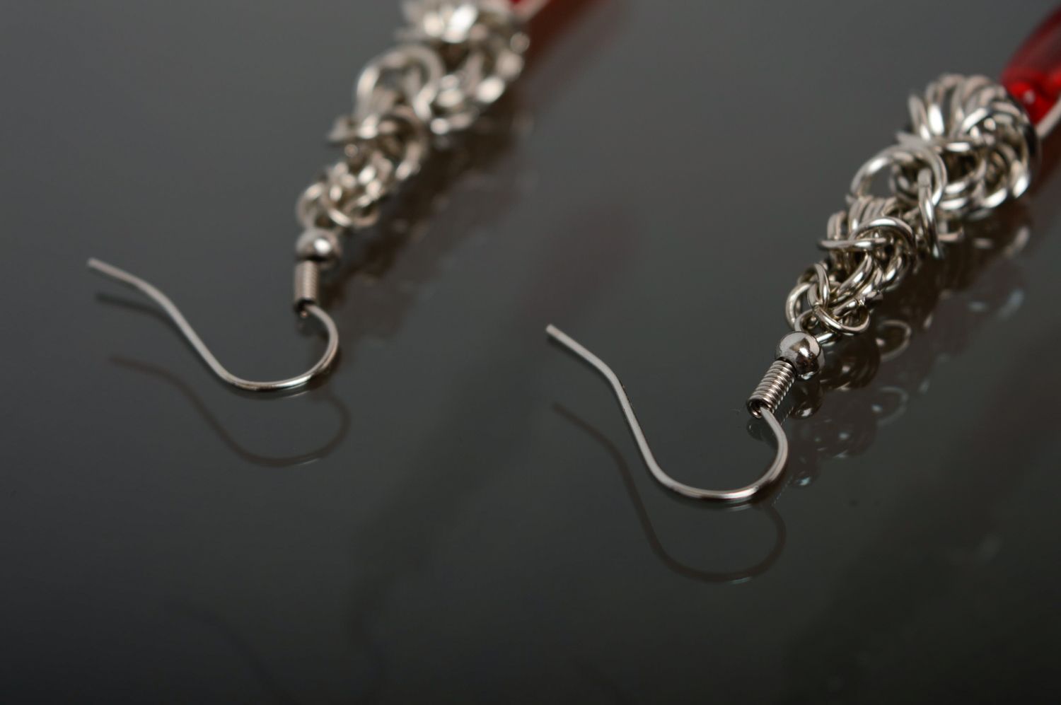 Long metal earrings with red beads made using chain armor weaving technique photo 5