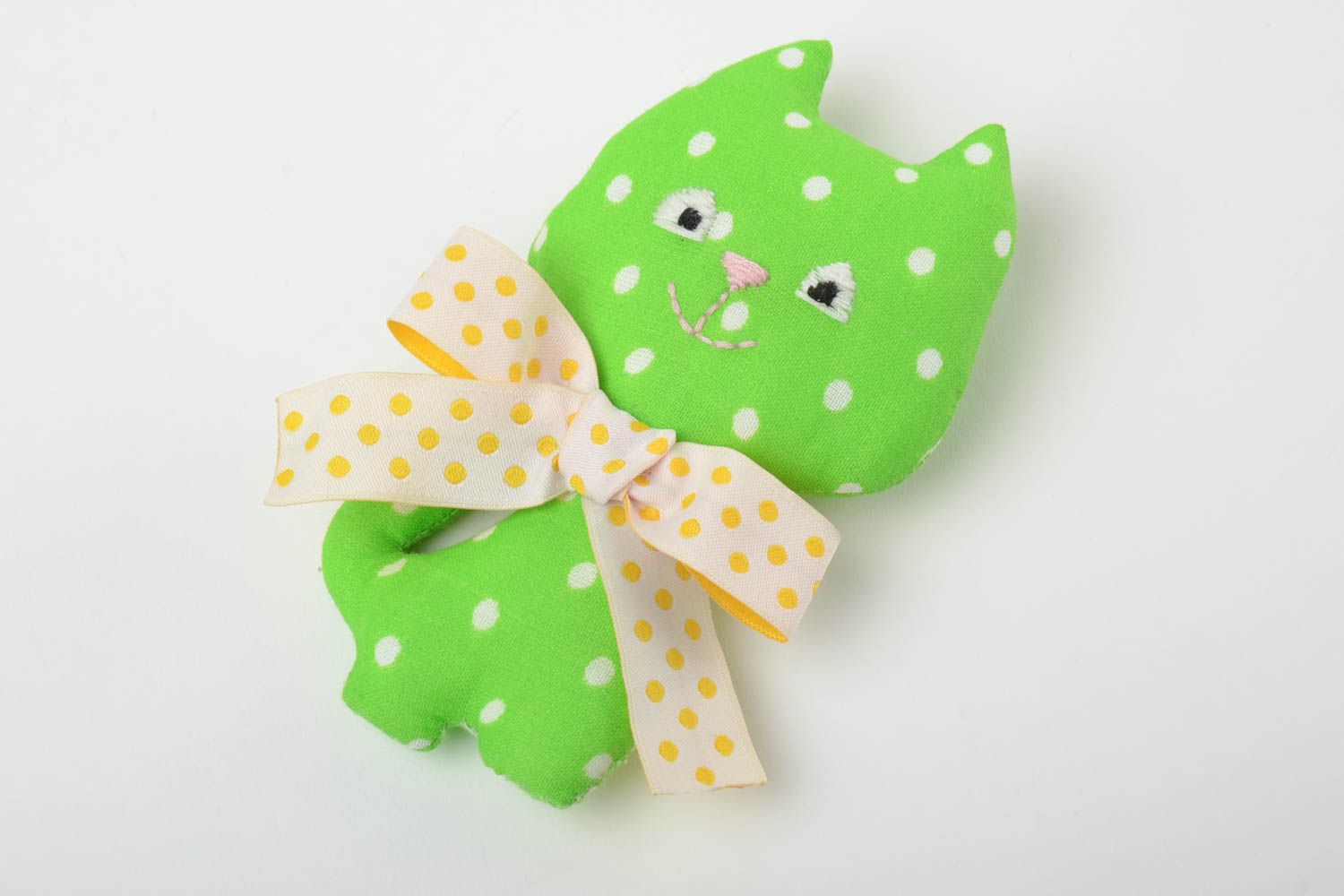 Handmade decorative calico soft toy little green cat with polka dot pattern photo 2