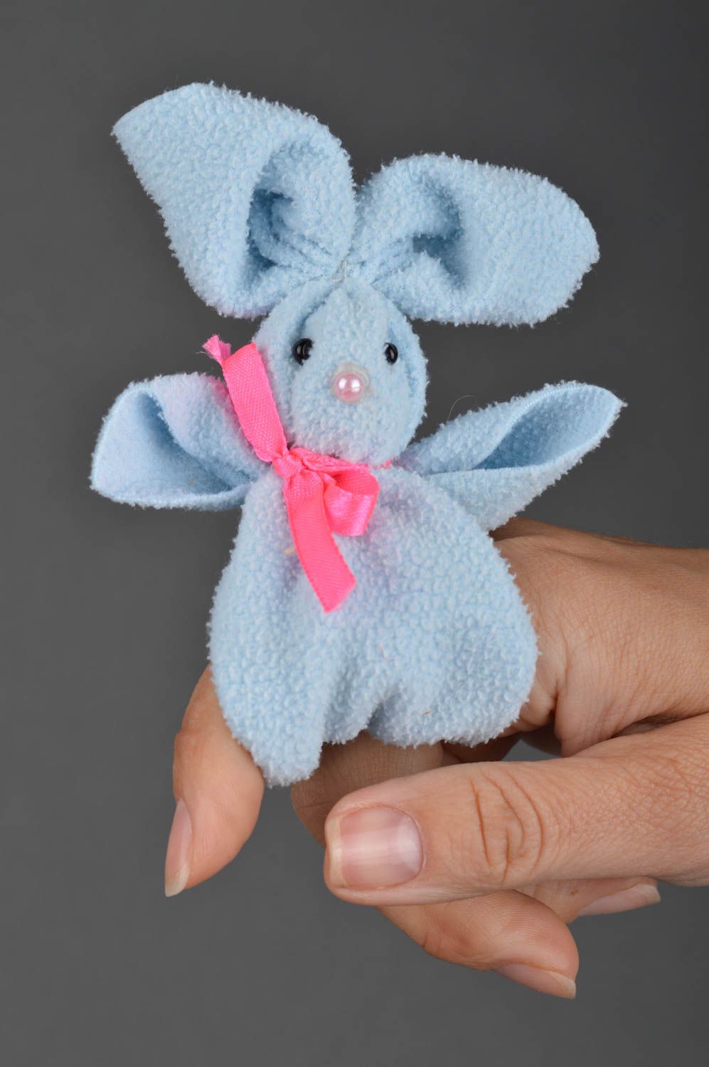 Handmade cute finger toy blue rabbit made of fleece for kids and parents  photo 5