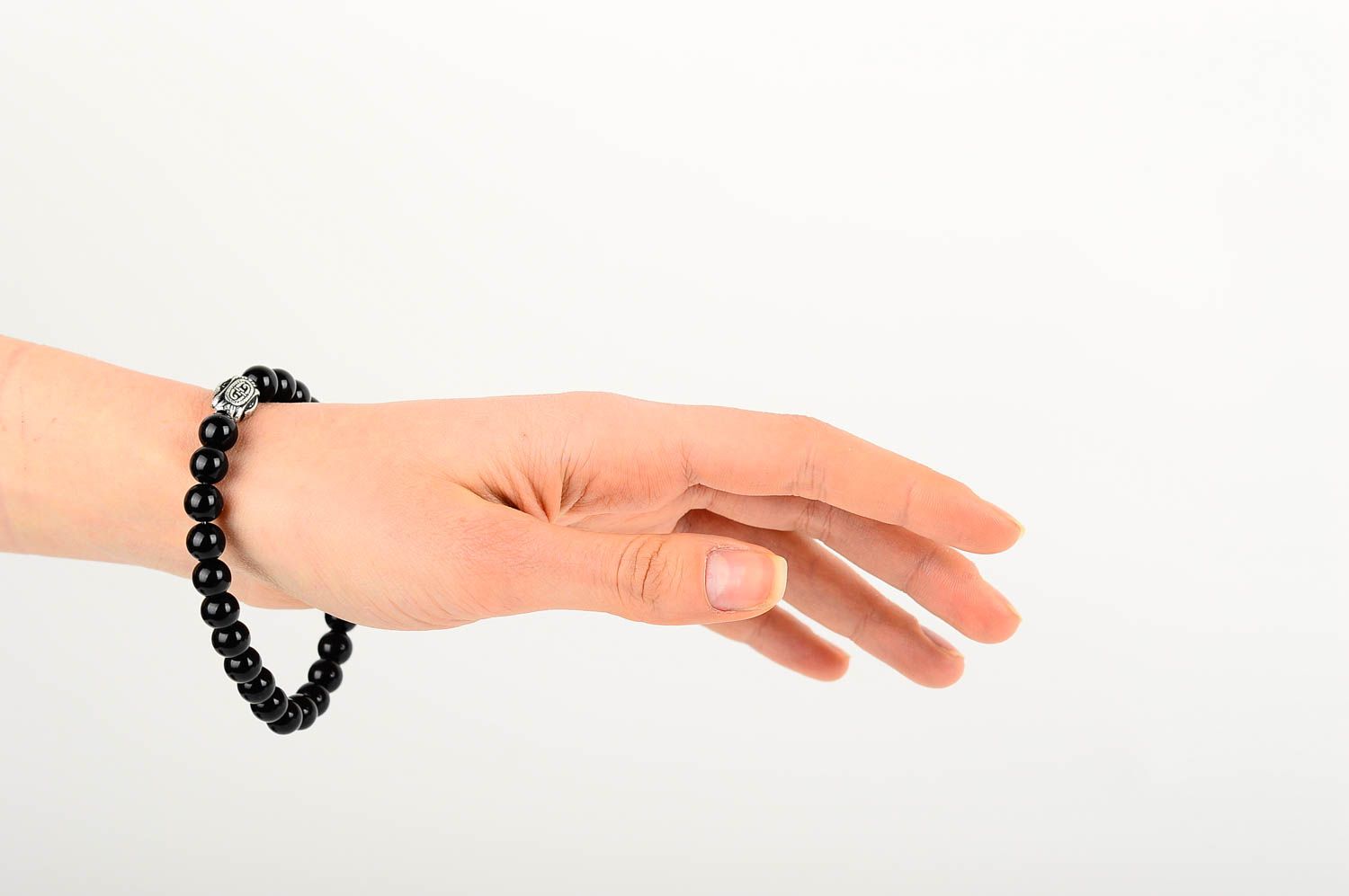 Handmade black beads stretchy bracelet with metal centerpiece charm for women photo 2