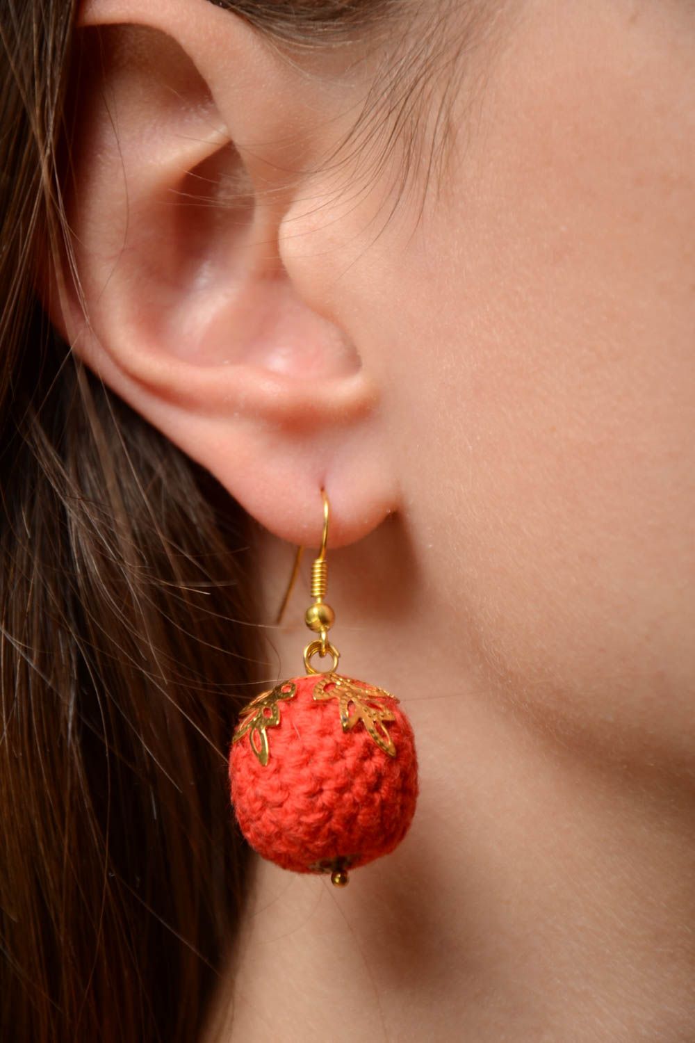 Beautiful red handmade crochet ball earrings for women photo 2
