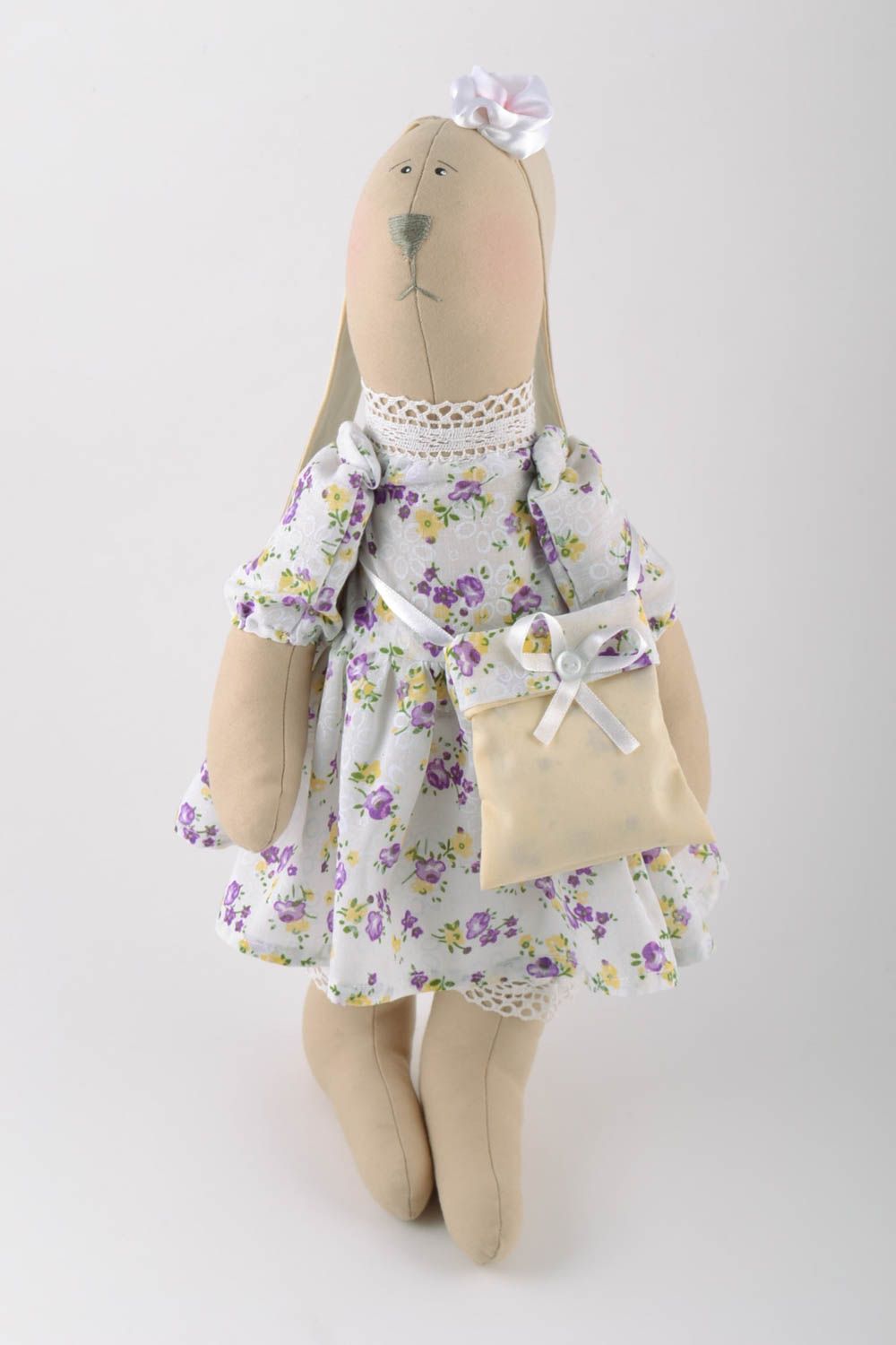 Handmade linen fabric soft toy rabbit in floral dress with small bag for children photo 4