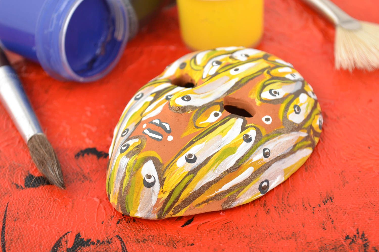 Beautiful small handmade ceramic carnival mask with painting for wall decor photo 1