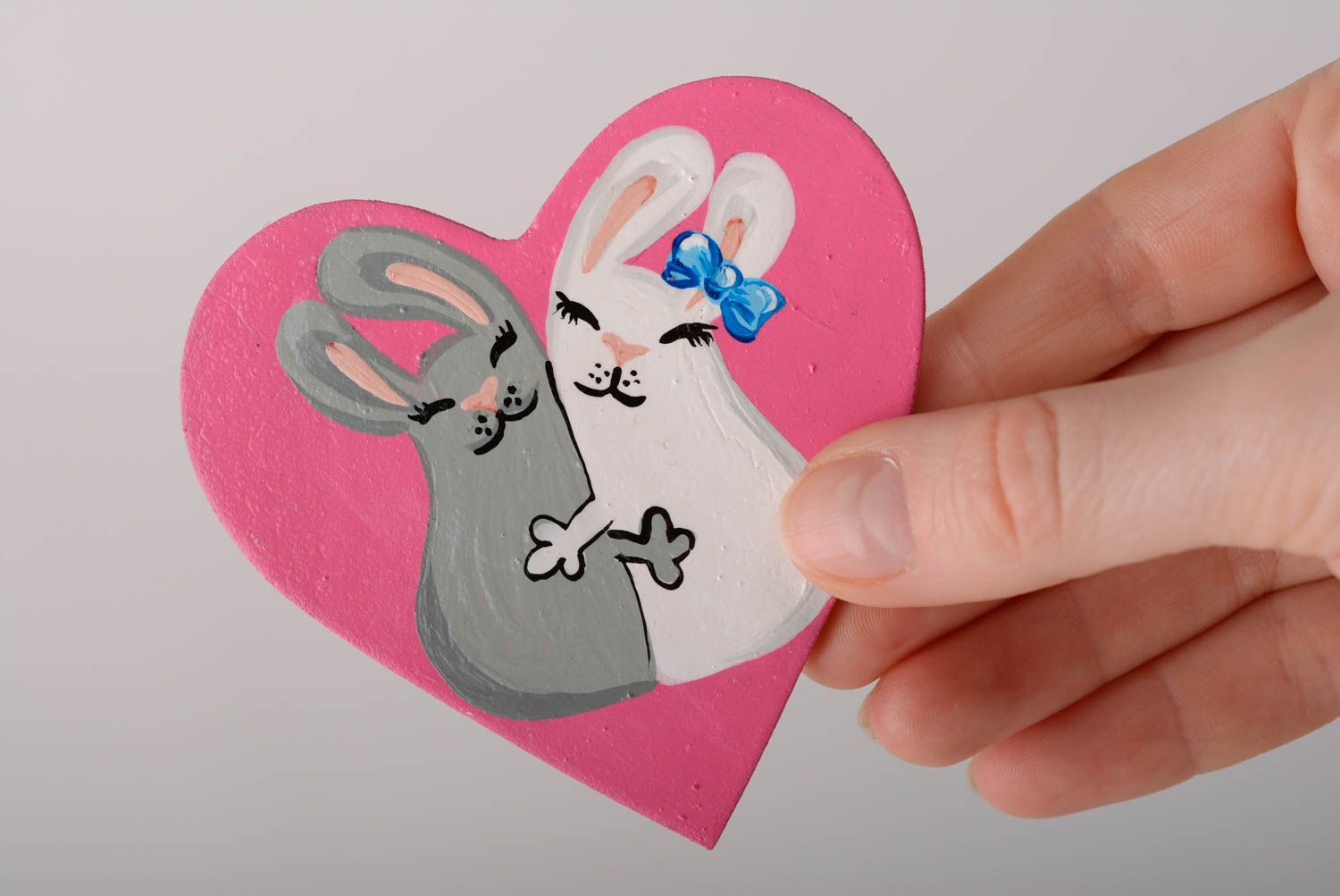 Handcrafted plywood refrigerator magnet in the form of a heart with lovely rabbits
 photo 5