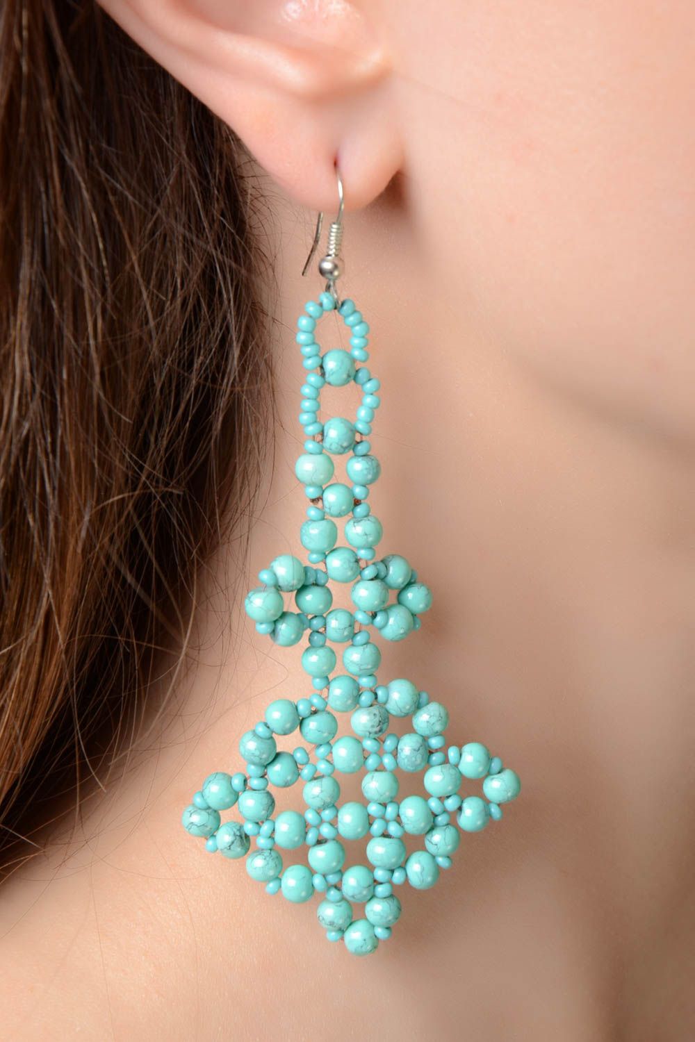 Handmade lange Ohrringe aus Glasperlen türkisblau schön originell für Frauen foto 1