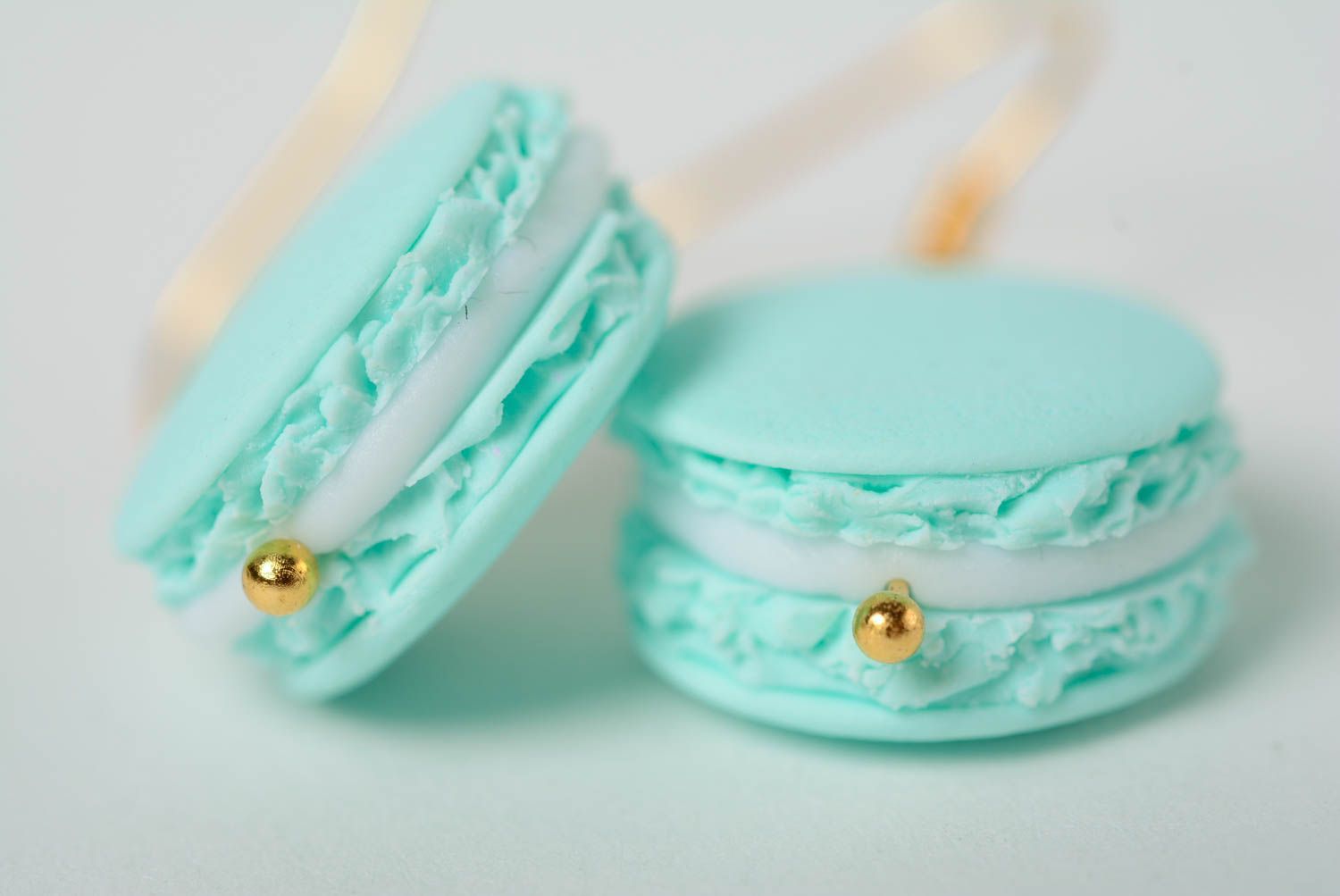 Handmade designer earrings with charms made of polymer clay blue macaroon photo 2