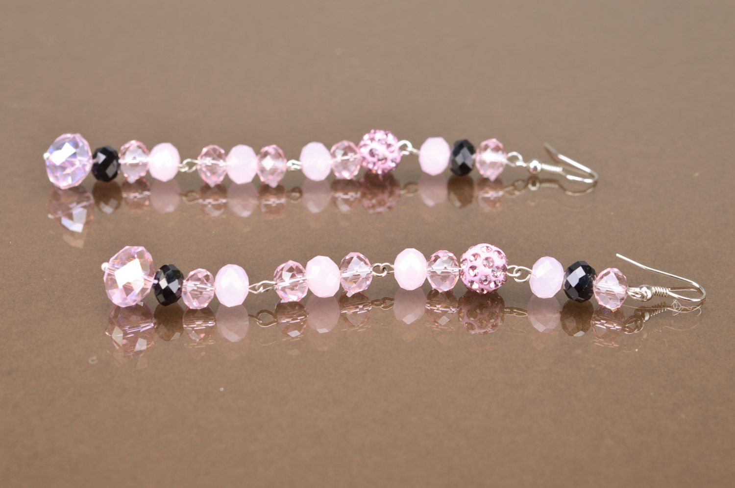 Handmade tender long earrings with pink and violet plastic beads for girl photo 5