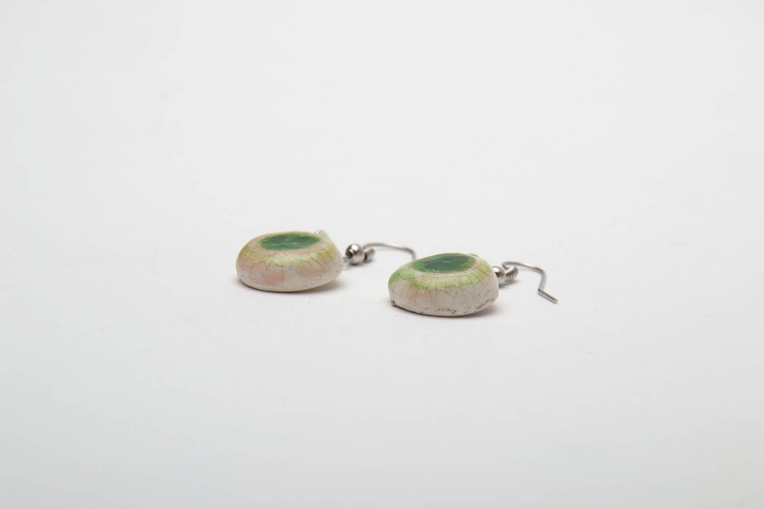 Round ceramic earrings with colorful glass of green color photo 3