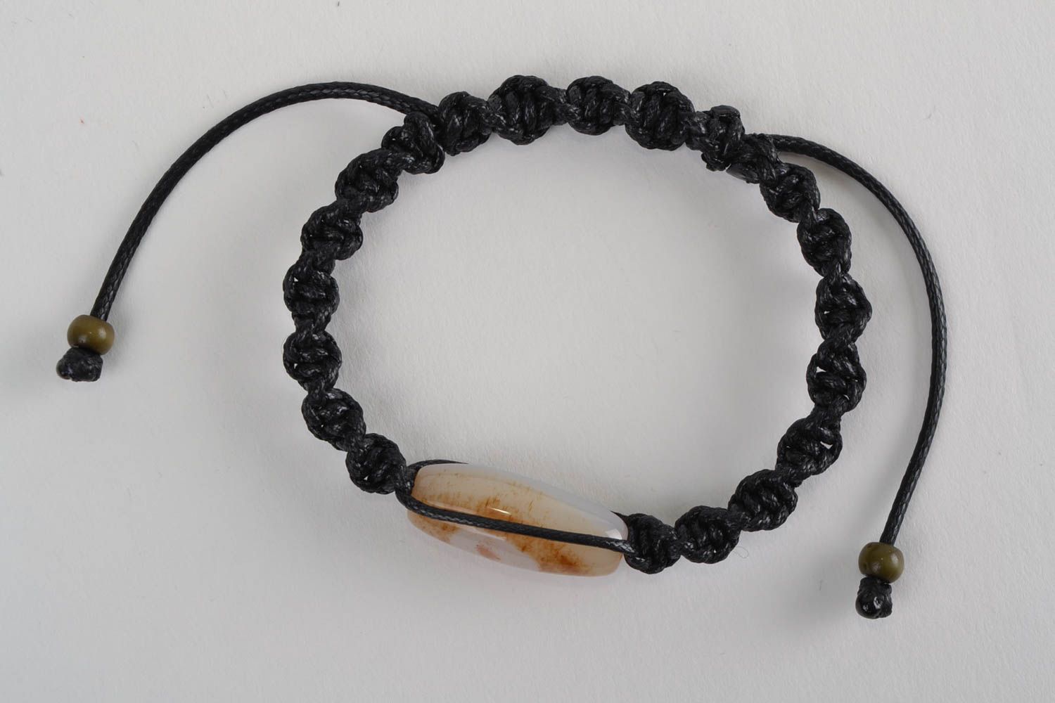 Handmade women's black woven waxed cord bracelet with natural agate stone photo 4