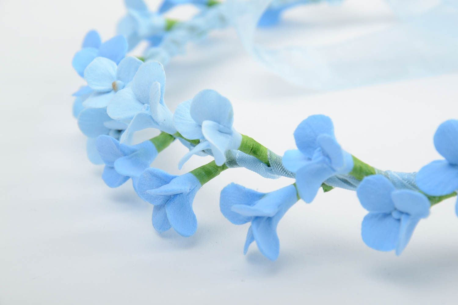 Handmade delicate headband with tender blue polymer clay flowers and ribbon photo 4