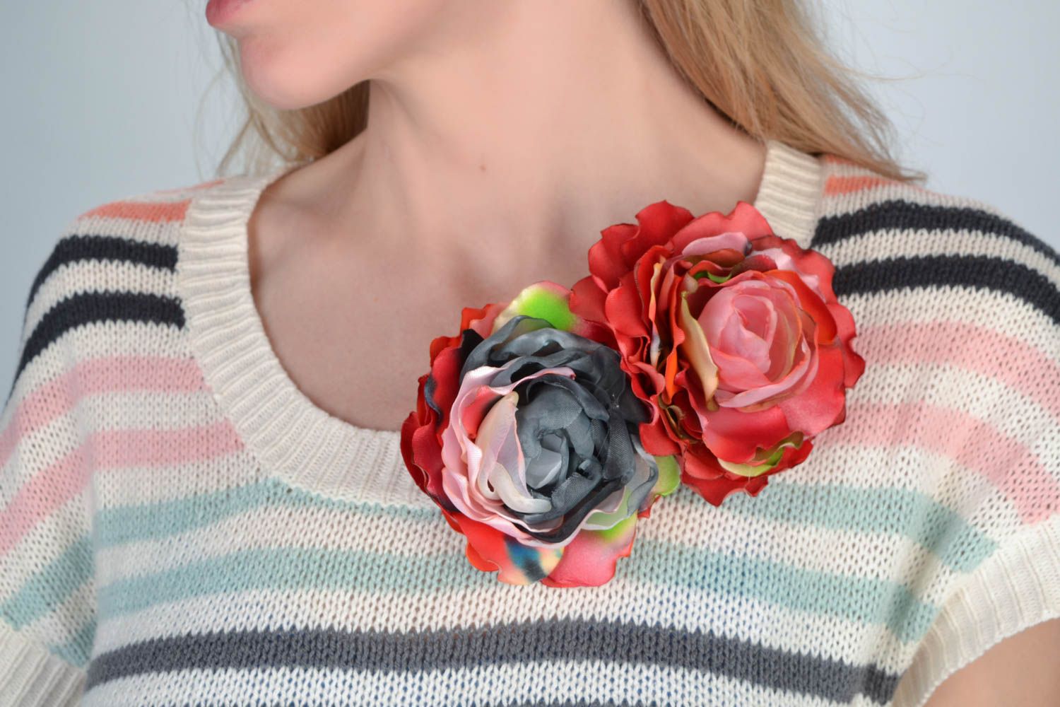 Set of handmade designer textile flower hair clips 2 pieces photo 1