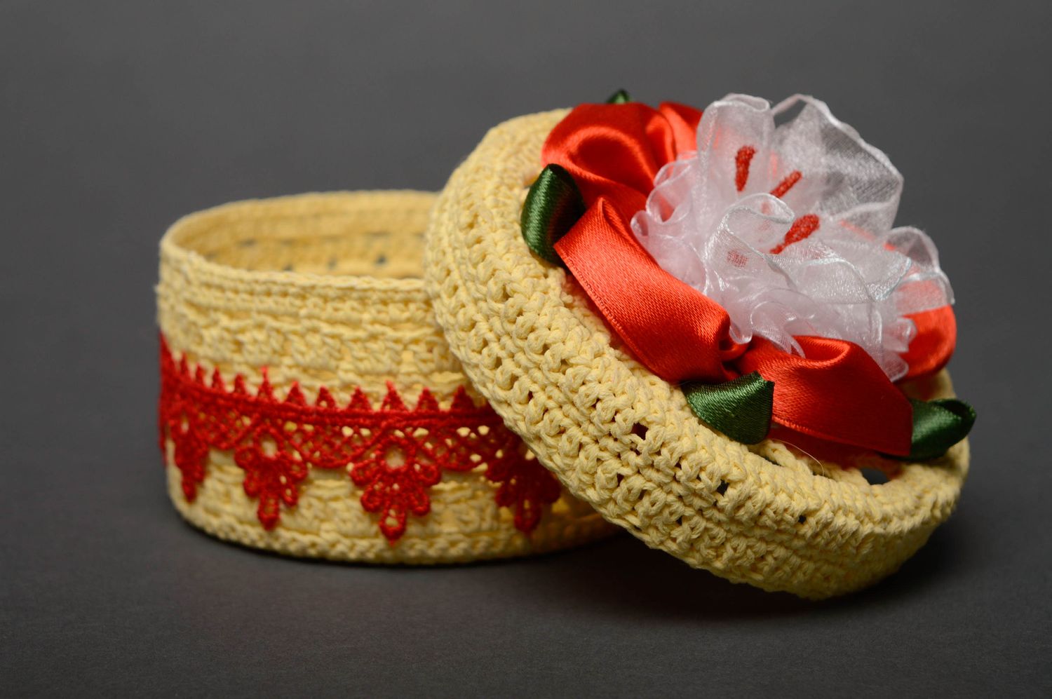 Boîte à bijoux tricotée décorée de dentelle et rubans photo 2