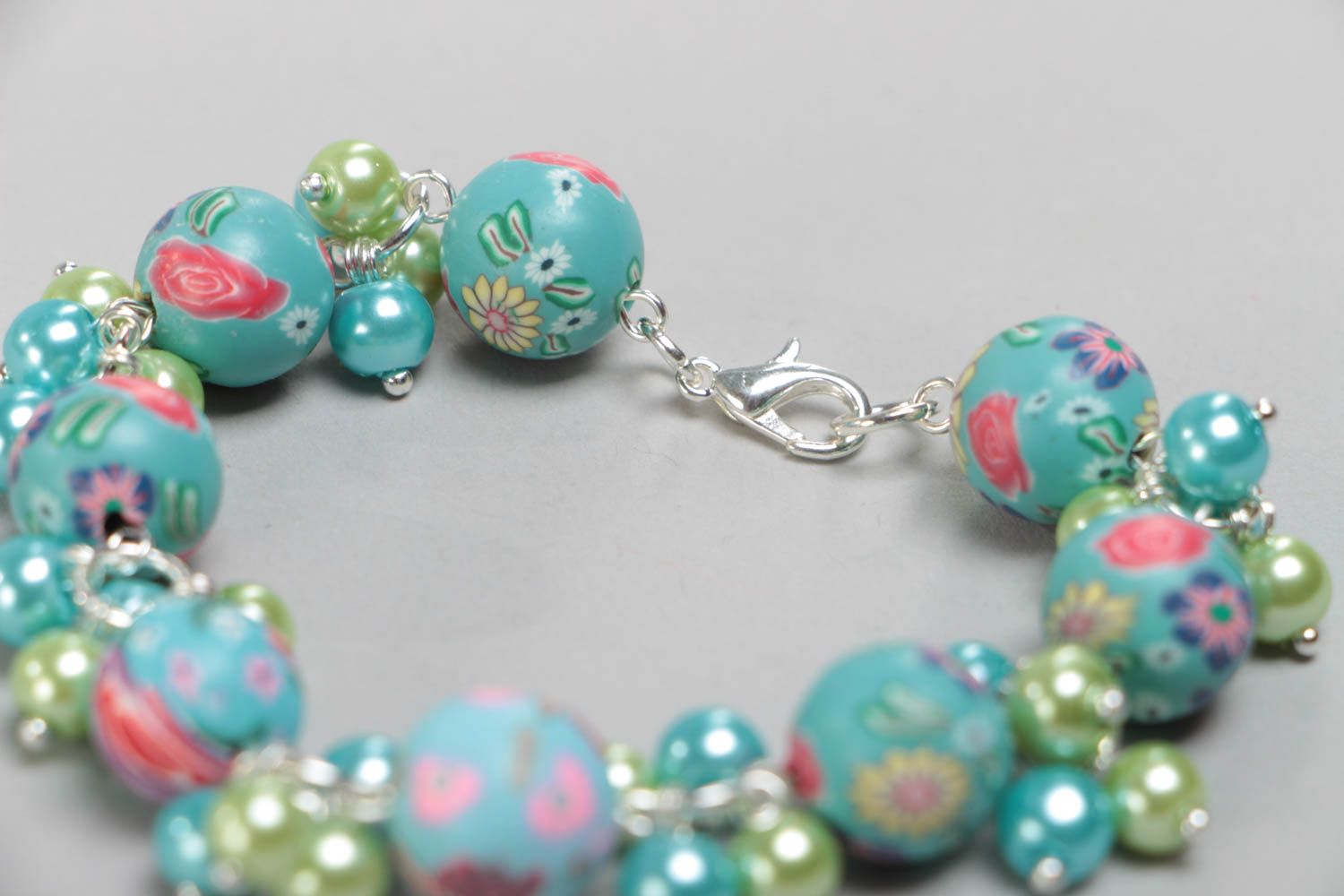 Blue handmade children's polymer clay bracelet with artificial pearls photo 4