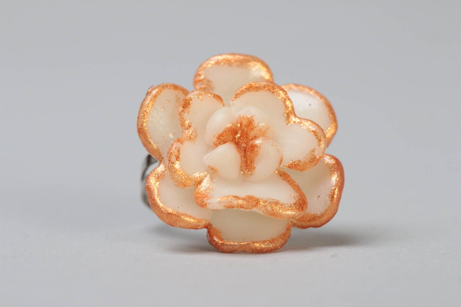 Handmade polymer clay jewelry ring with metal basis of adjustable size Flower photo 2