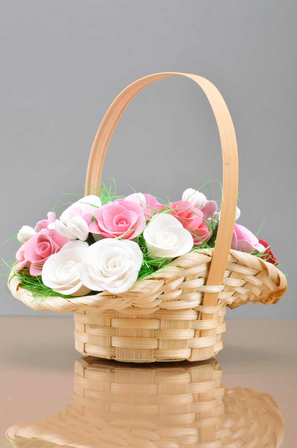 Woven basket with handmade polymer clay flowers for home decor photo 2
