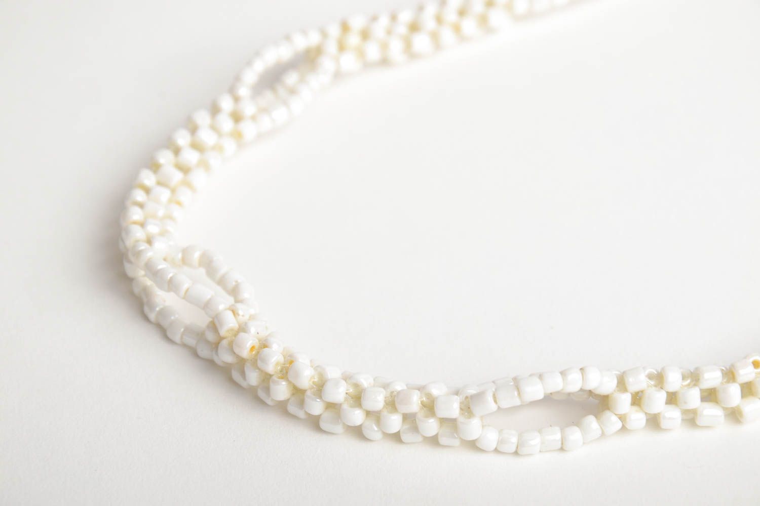Handmade designer women's thin laconic crocheted beaded necklace of white color  photo 4