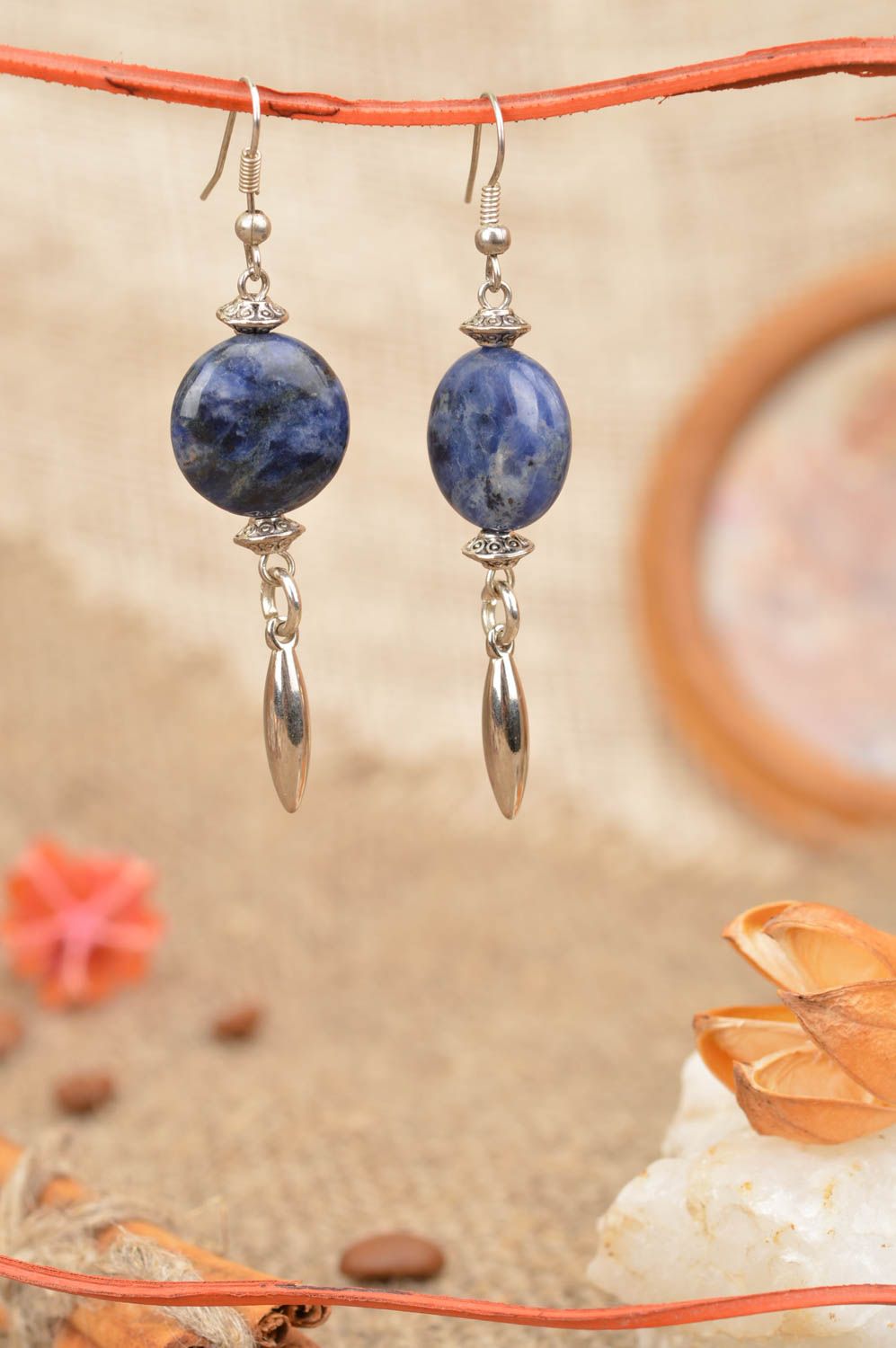 Beautiful homemade designer long metal earrings with blue beads photo 1