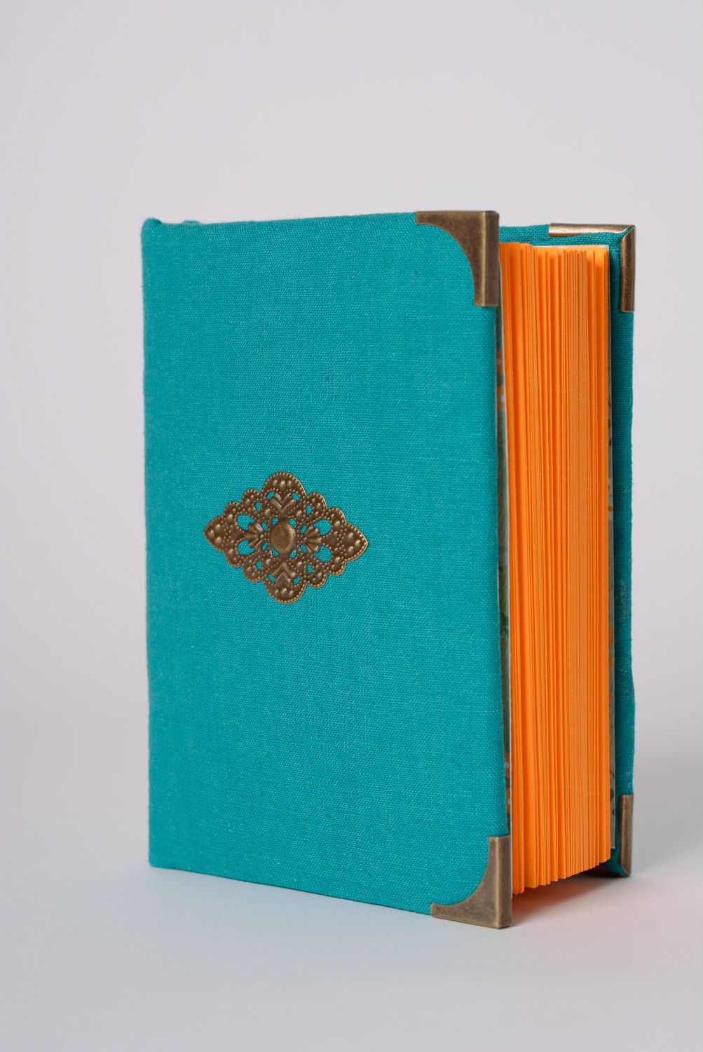 Handgemachtes Notizbuch mit Stoffumschlag und Lesezeichen im Vintage Stil blau foto 1