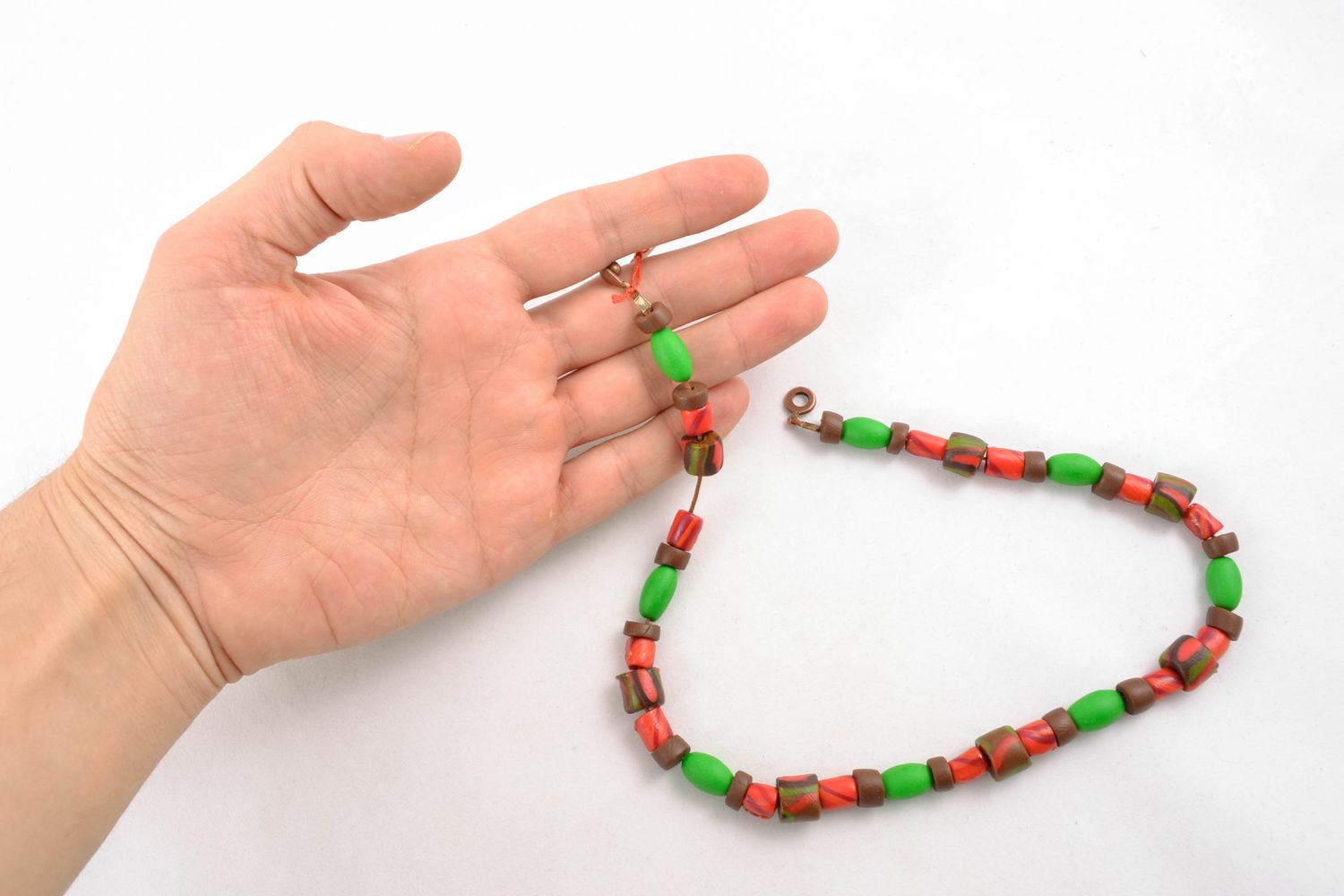 Clay beads necklace in light green, brown and red colors photo 5