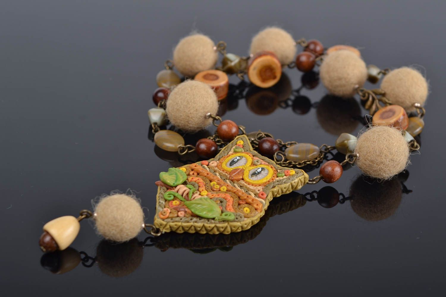 Beautiful handmade designer felted ball necklace with plastic pendant photo 1