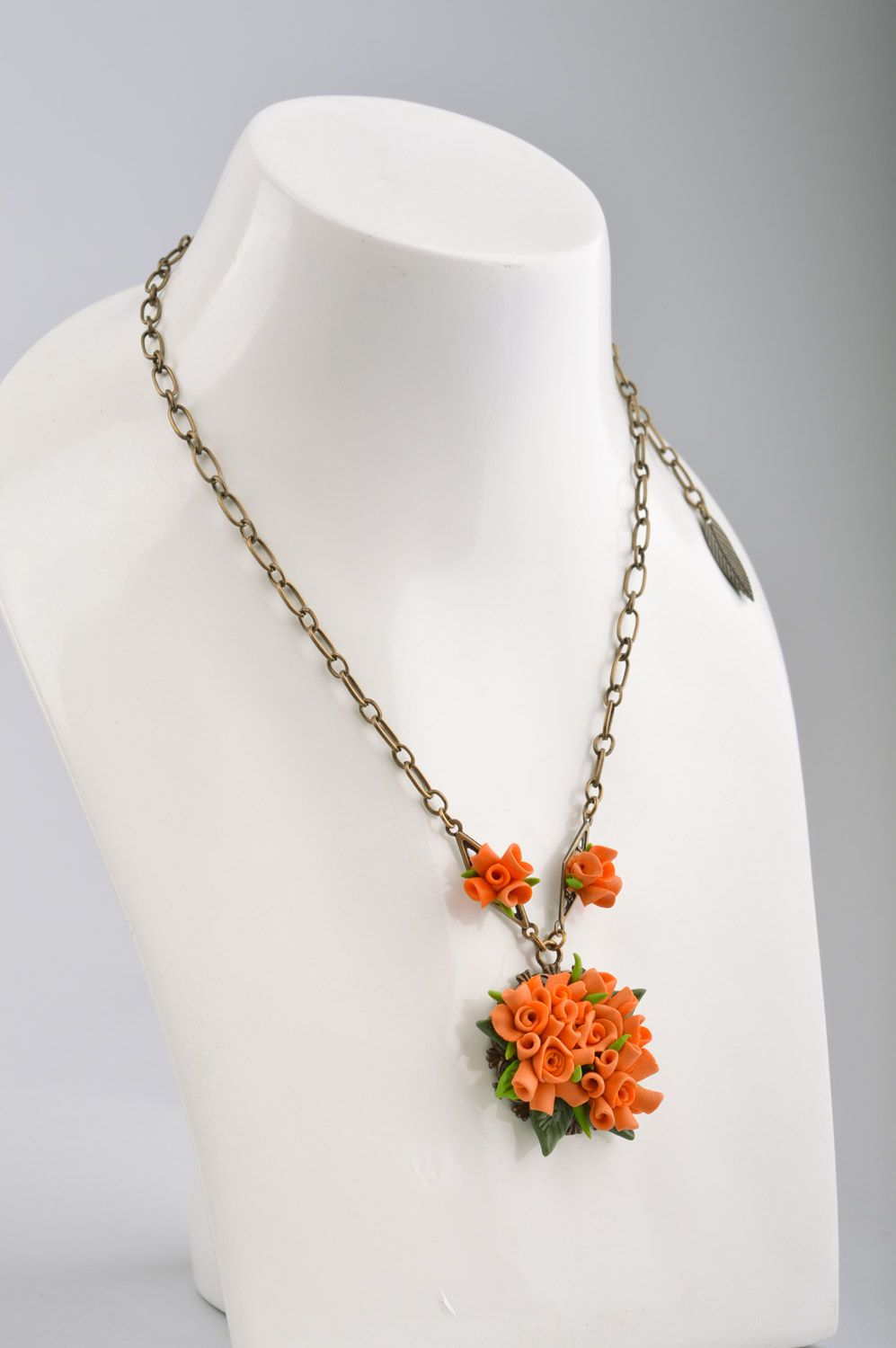 Handmade orange polymer clay flower pendant with long chain photo 1