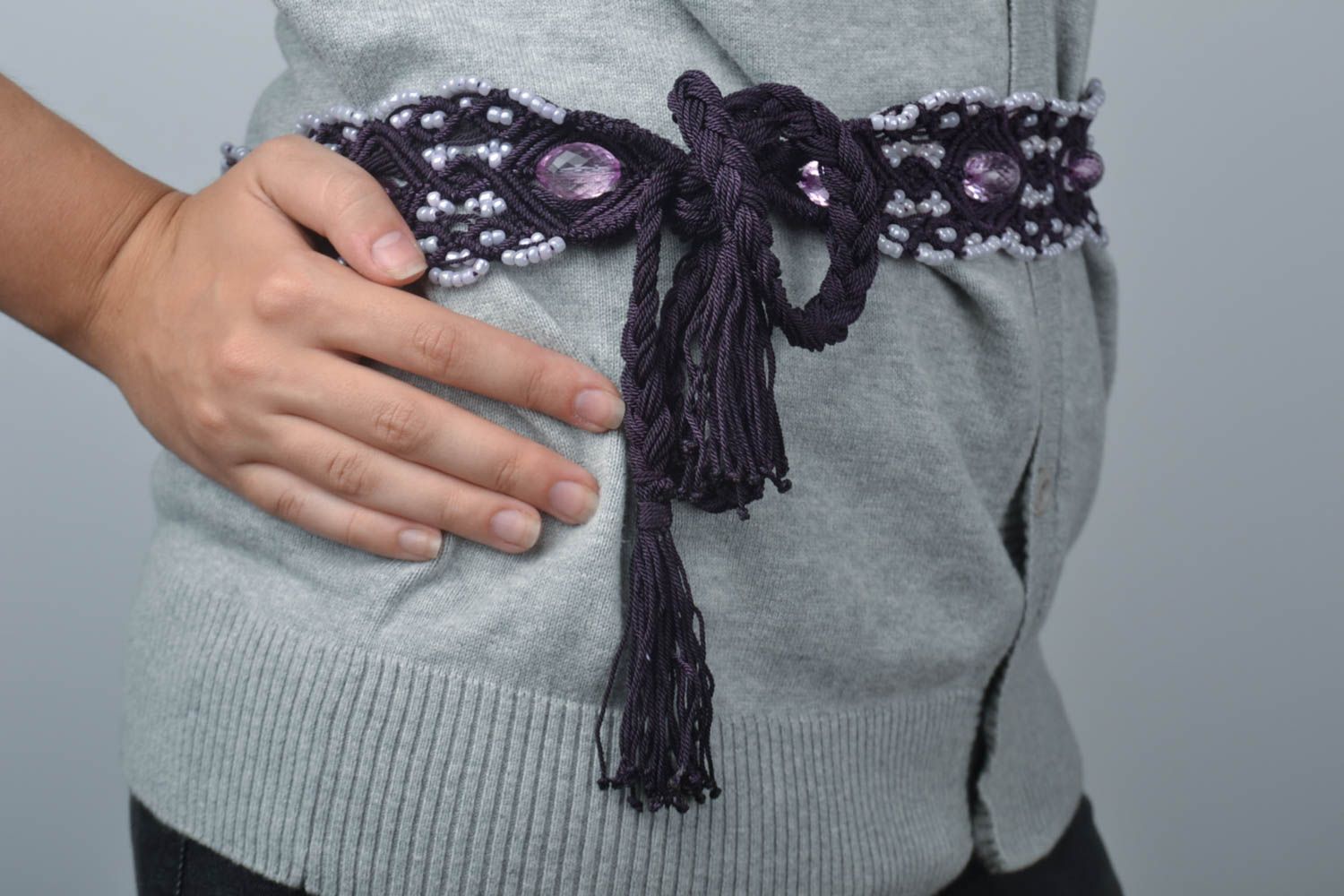 Handmade Makramee Gürtel Damen Hüftgürtel Damengürtel breit mit Rocailles Perlen foto 1