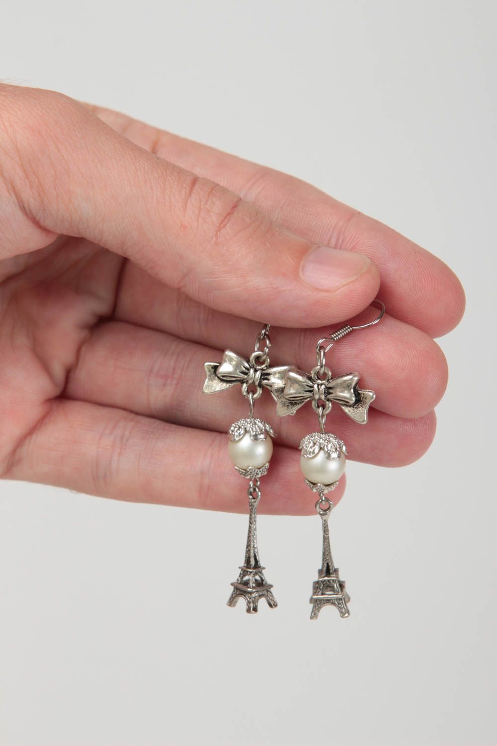 Beautiful long metal earrings with pearl beads designer jewelry gifts for her photo 5