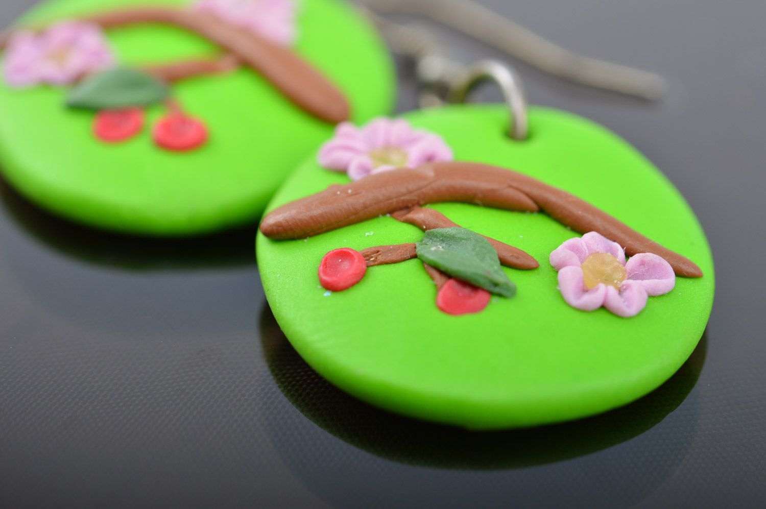 Beautiful handmade polymer clay round earrings of green color Oriental Cherry Branch photo 4