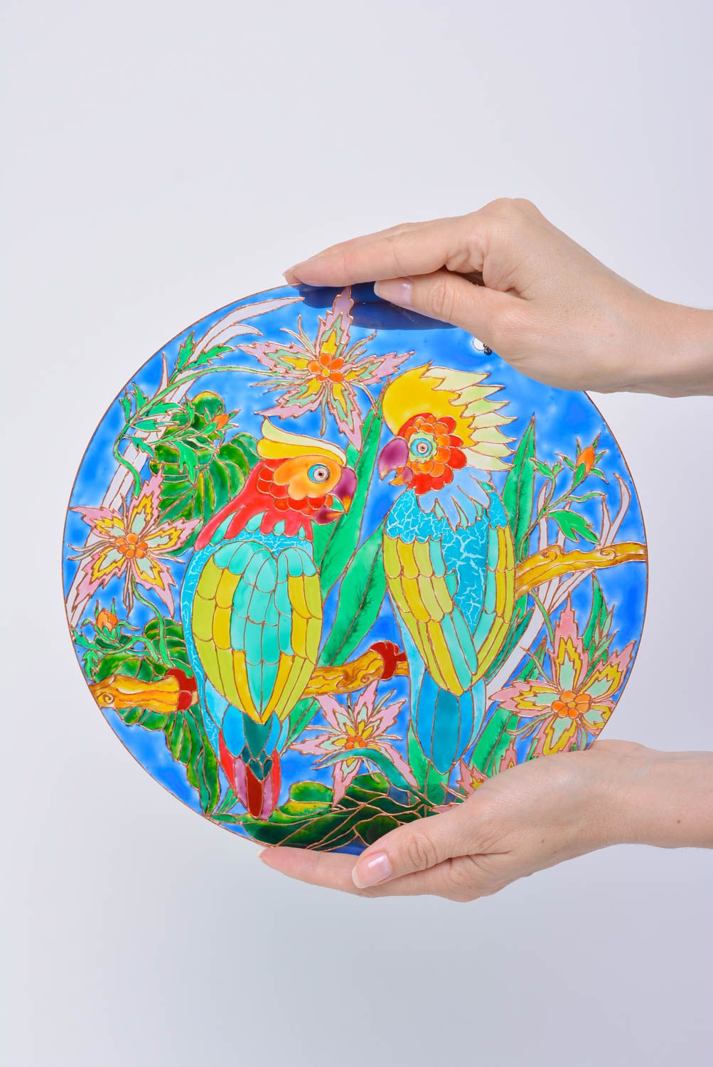 Deko Wandteller aus Glas mit Vitrage Farben Bemalung handgemacht Papageien  foto 5