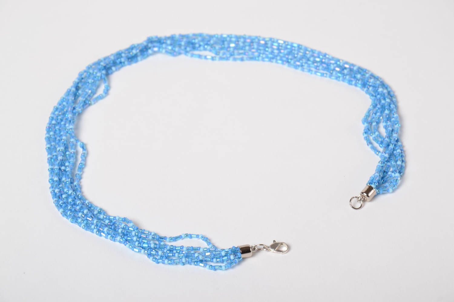 Ожерелье из бисера и стекляруса ручной работы многорядное красивое голубое фото 5