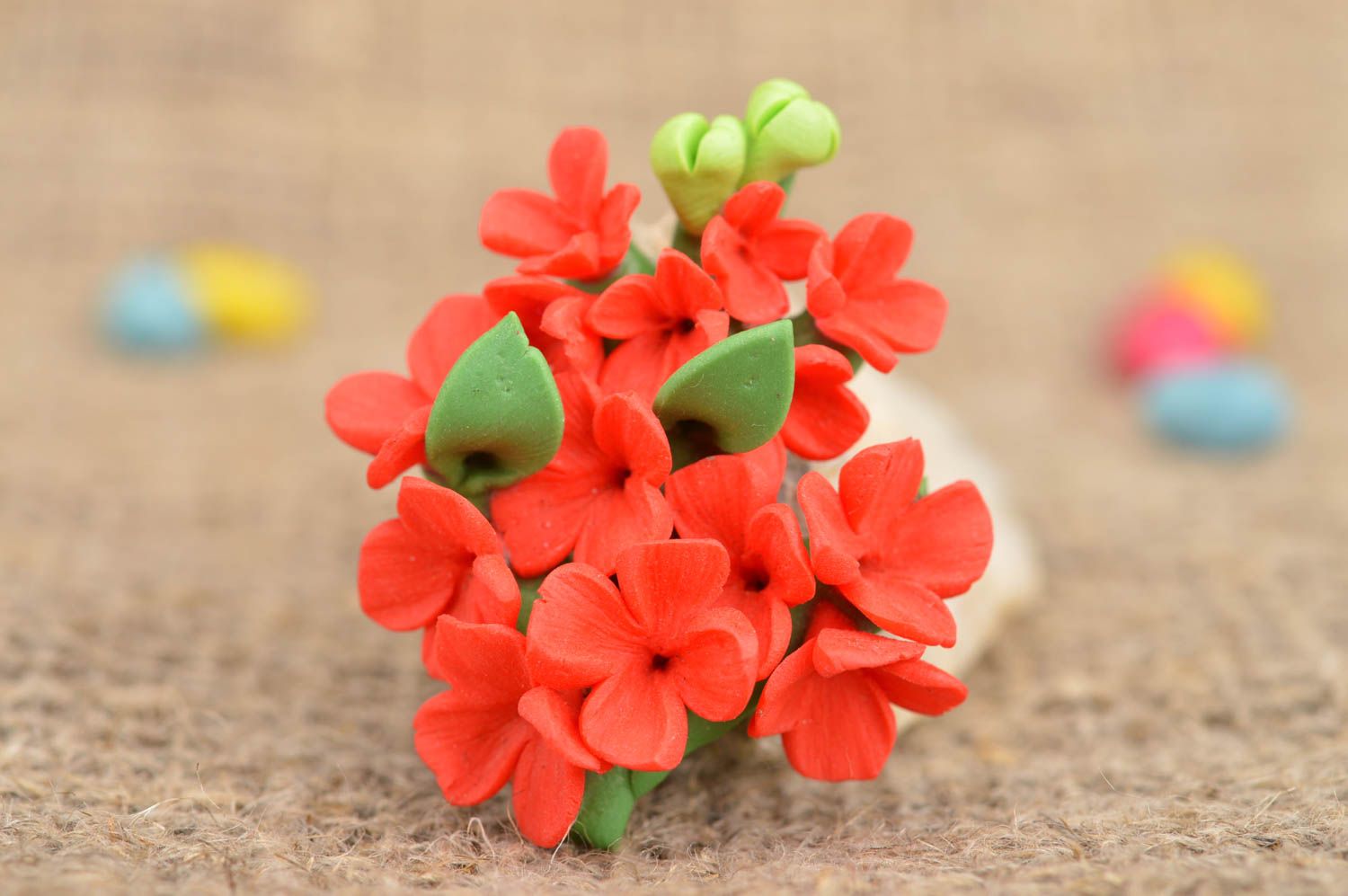 Handmade beautiful cute red flower brooch made of polymer clay Bouquet  photo 1