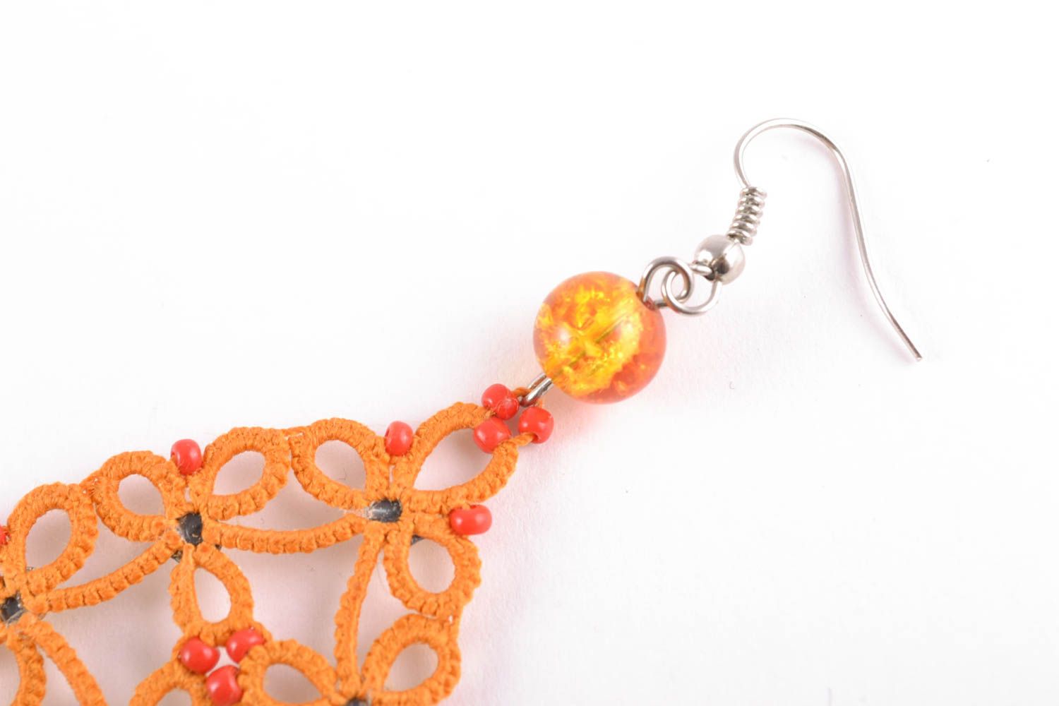 Triangle orange tatting lacy earrings photo 3