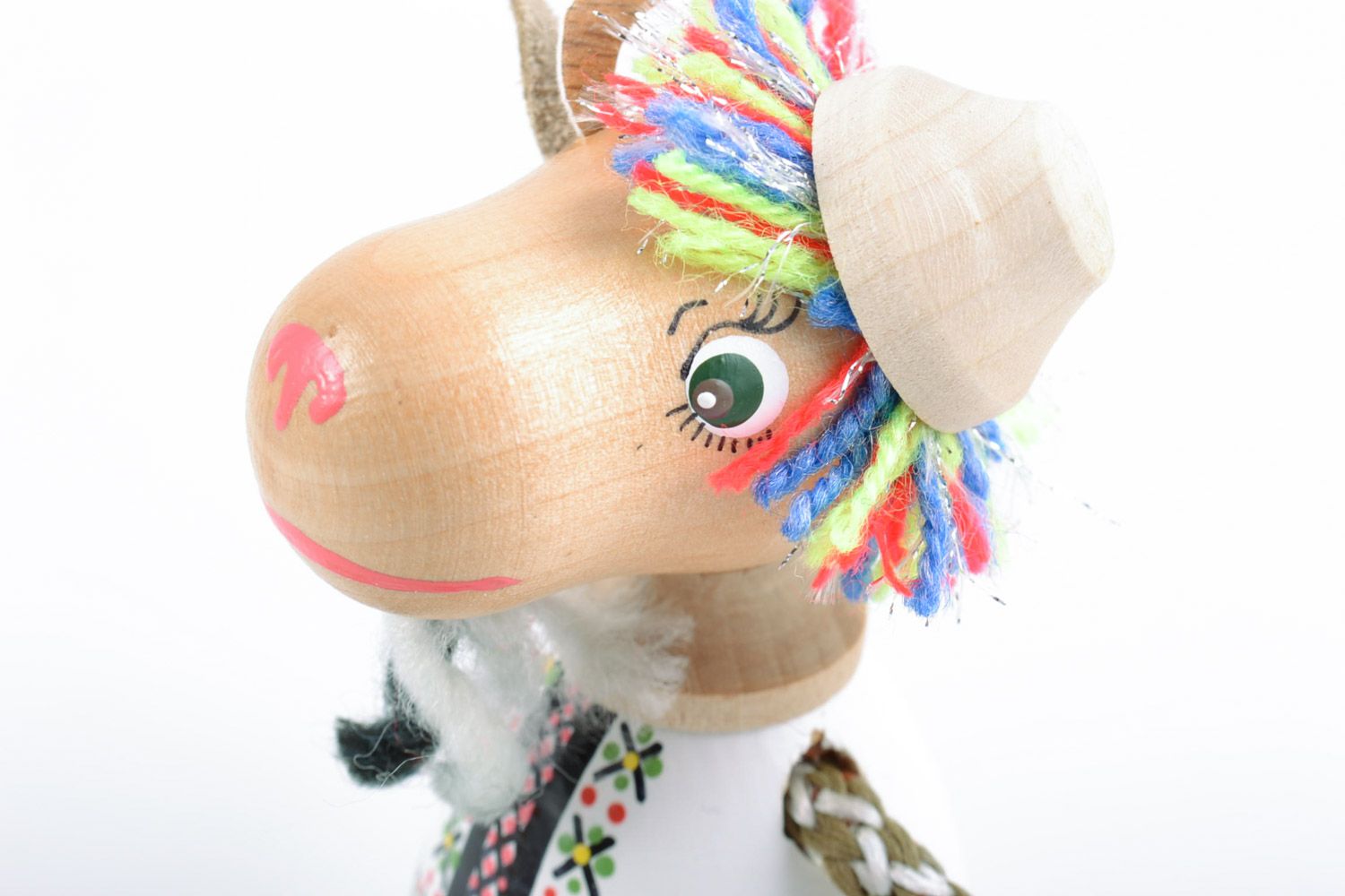 Children's handmade painted wooden toy goat in hat for interior decor photo 3