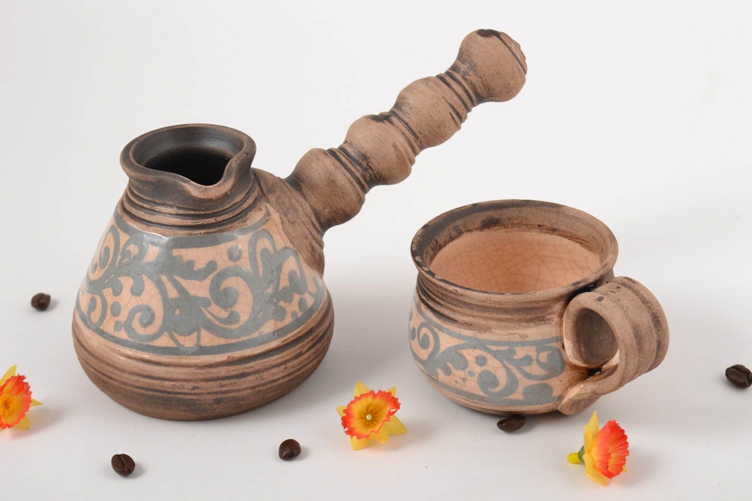 Geschirr Set Keramik handmade türkische Kaffeekanne moderne Kaffeetasse braun foto 1