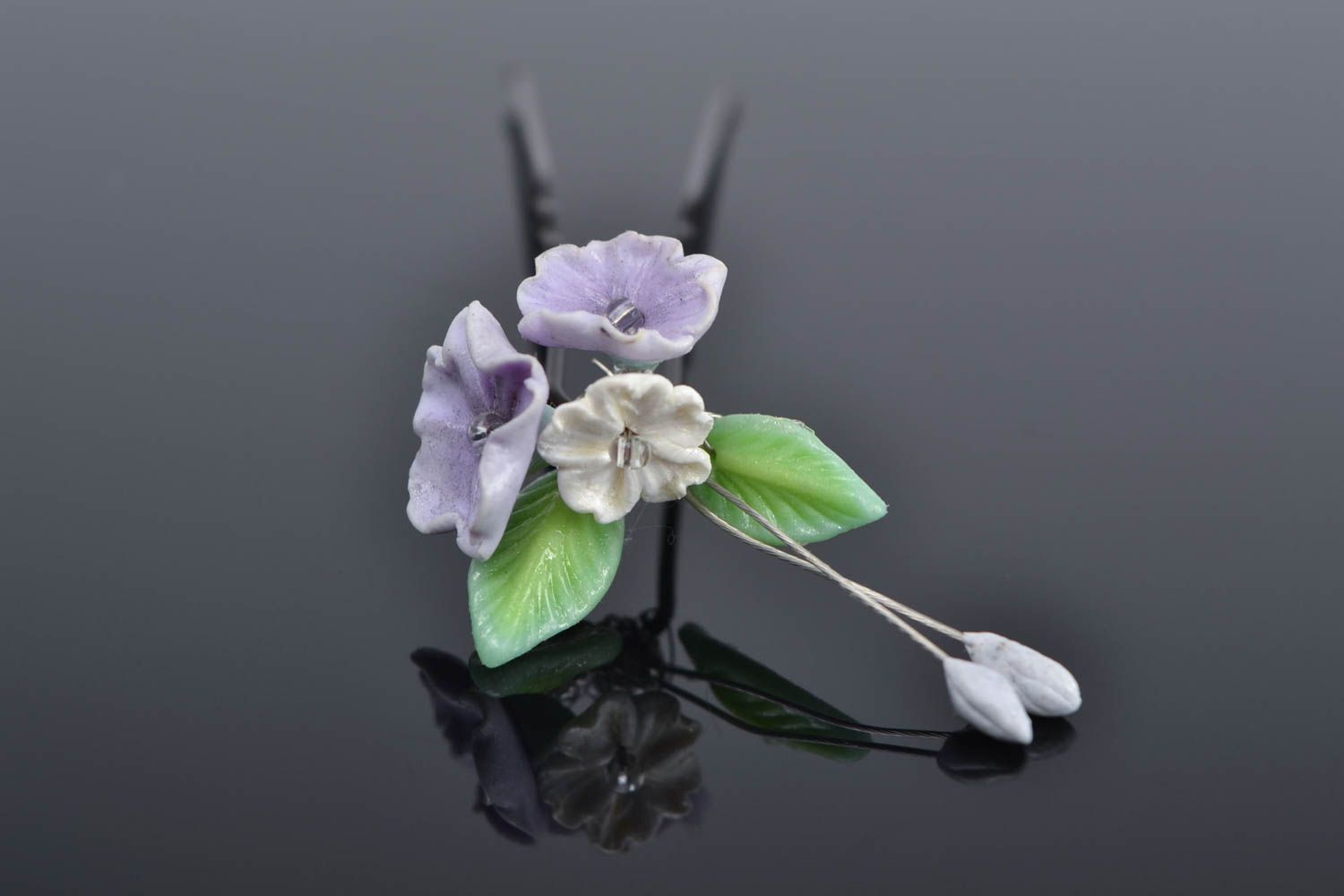 Handmade small metal hair pin decorated with tender violet polymer clay flowers photo 1